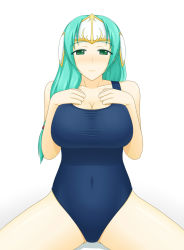 Rule 34 | 1girl, aqua hair, blush, breast suppress, breasts, cleavage, collarbone, covered navel, cowboy shot, fire emblem, fire emblem: radiant dawn, forehead protector, green eyes, green hair, hair over shoulder, large breasts, long hair, looking at viewer, matching hair/eyes, nintendo, nose blush, one-piece swimsuit, school swimsuit, sigrun, simple background, sitting, solo, spread legs, swimsuit, taut clothes, taut swimsuit, white background