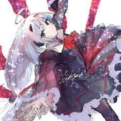 Rule 34 | 1girl, artist name, black dress, detached wings, dress, energy wings, highres, kojima (blue stardust), long hair, multiple wings, red eyes, ribbon, simple background, solo, sparkle, under night in-birth, vatista, white background, white hair, wings
