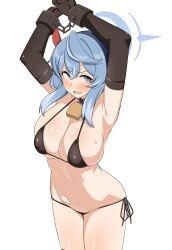 Rule 34 | 1girl, absurdres, ako (blue archive), armpits, arms up, bell, bikini, black bikini, black gloves, blue archive, blue eyes, blue hair, blush, body blush, breasts, cleavage, cowboy shot, elbow gloves, gloves, halo, highres, large breasts, looking at viewer, navel, open mouth, seihekiog, side-tie bikini bottom, sideboob, solo, swimsuit, thighs