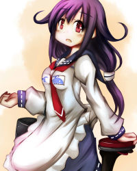 Rule 34 | 10s, 1girl, apron, blush, hair flaps, hand on foot, kantai collection, kappougi, leg up, long sleeves, looking at viewer, low twintails, neckerchief, open mouth, purple hair, red eyes, sailor collar, sanari (quarter iceshop), skirt, solo, taigei (kancolle), twintails