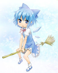 Rule 34 | 1girl, bad id, bad pixiv id, bamboo broom, blue eyes, blue hair, bow, broom, broom riding, cirno, dress, hair bow, highres, jigatei (omijin), mary janes, matching hair/eyes, open mouth, shoes, short hair, sitting, socks, solo, teeth, thighs, tongue, touhou, wings