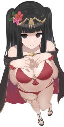 Rule 34 | 1girl, absurdres, alternate costume, bikini, black hair, bracelet, breasts, brown eyes, cape, cleavage, fire emblem, fire emblem awakening, fire emblem heroes, from above, hands on own chest, highres, jewelry, kocha (jgug7553), large breasts, nintendo, o-ring, o-ring bikini, official alternate costume, red bikini, sandals, simple background, smile, solo, swimsuit, tharja (fire emblem), tharja (summer) (fire emblem), thick thighs, thighs