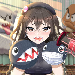 Rule 34 | 1girl, black hat, boo (mario), brown eyes, brown hair, chain, chain chomp, goomba, hair between eyes, hand puppet, hat, highres, idolmaster, idolmaster cinderella girls, indoors, mario (series), mask, masun33333, microphone, mole, mole under eye, mouth mask, nintendo, open mouth, pop filter, puppet, ribbed sweater, sharp teeth, solo, sunazuka akira, surgical mask, sweater, teeth, two side up
