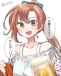 Rule 34 | 1girl, akigumo (kancolle), beer mug, brown hair, commentary request, cup, green eyes, hair ribbon, highres, kantai collection, long hair, looking at viewer, matsunaga (haku), mug, official alternate costume, ponytail, ribbon, shirt, simple background, solo, translation request, upper body, white background, white shirt
