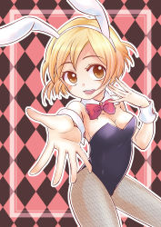 Rule 34 | 1girl, animal ears, argyle, argyle background, argyle clothes, bare shoulders, blonde hair, blush, bow, bowtie, breasts, brown eyes, checkered background, cleavage, detached collar, fake animal ears, female focus, fishnet pantyhose, fishnets, foreshortening, happy, head tilt, highres, leotard, looking at viewer, nagare62, open mouth, original, outstretched arm, outstretched hand, pantyhose, playboy bunny, rabbit ears, rabbit tail, short hair, smile, solo, standing, tail, wrist cuffs