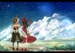 Rule 34 | 2girls, aoi kujira, black hair, blonde hair, blouse, bow, cloud, commentary request, detached sleeves, from behind, full body, full moon, grass, hair bow, hakurei reimu, hat, holding hands, juliet sleeves, kirisame marisa, landscape, letterboxed, long hair, long sleeves, looking at another, moon, multiple girls, outdoors, pantyhose, puffy sleeves, red shirt, shirt, shooting star, skirt, skirt set, sky, sleeveless, sleeveless shirt, standing, star (sky), starry sky, touhou, white legwear, white shirt, witch hat