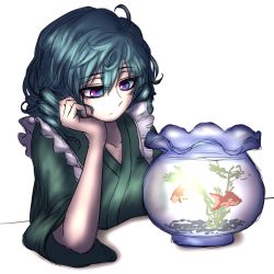 Rule 34 | 1girl, blue hair, drill hair, elbow rest, fish, fishbowl, goldfish, gradient eyes, head rest, japanese clothes, kimono, light frown, miata (miata8674), multicolored eyes, purple eyes, short hair, simple background, solo, table, touhou, upper body, wakasagihime, white background