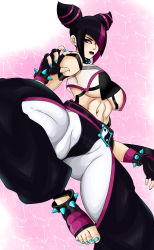 Rule 34 | 1girl, absurdres, anklet, black gloves, black hair, bracelet, breasts, chaps, crop top, fingerless gloves, from below, gloves, hair over one eye, han juri, highres, jewelry, large breasts, lips, midriff, multicolored hair, navel, parted lips, pink background, pink hair, purple eyes, short twintails, simple background, socks, solo, sonson-sensei, spiked bracelet, spikes, standing, standing on one leg, street fighter, toeless legwear, toes, twintails, two-tone hair, underboob, white socks