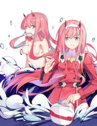 Rule 34 | 10s, 1girl, breasts, convenient censoring, darling in the franxx, green eyes, hair between eyes, hair censor, hair over breasts, hairband, horns, long hair, looking at viewer, medium breasts, military, military uniform, navel, oni horns, orange neckwear, pink hair, red horns, solo, straight hair, ttnap, uniform, white hairband, zero two (darling in the franxx)