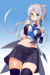 Rule 34 | 1girl, bandages, between breasts, black gloves, black skirt, blue eyes, blue necktie, blush, braid, breasts, elbow gloves, embarrassed, gloves, gradient background, hair flaps, highres, kantai collection, kuronaga, long hair, looking at viewer, medium breasts, midriff, navel, necktie, necktie between breasts, pleated skirt, sailor collar, sidelocks, silver hair, single braid, single glove, skindentation, skirt, solo, spread navel, thighhighs, thighs, umikaze (kancolle), umikaze kai ni (kancolle), upper body, very long hair, wavy mouth, zettai ryouiki