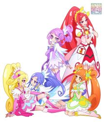 Rule 34 | 5girls, blonde hair, blue hair, bow, brooch, cure ace, cure diamond, cure heart, cure rosetta, cure sword, dokidoki! precure, eye contact, heart, heart brooch, kamikita futago, looking at another, multiple girls, orange hair, ponytail, precure, purple hair, red hair, sitting, smile, standing, twintails, waist bow, yuri