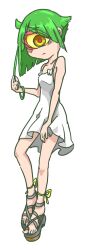 Rule 34 | 1girl, adjusting hair, ankle ribbon, blush, closed mouth, colored sclera, commentary, commentary request, cyclops, diagonal bangs, doom (series), dress, english commentary, evileye-tan, full body, green wristband, grey footwear, highres, kurashiki nanka, leg ribbon, light frown, looking at viewer, mixed-language commentary, one-eyed, personification, platform footwear, ribbon, sandals, simple background, solo, standing, white background, white dress, yellow eyes, yellow ribbon, yellow sclera