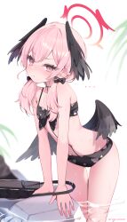 Rule 34 | ..., 1girl, arm support, bikini, black bikini, black bow, black wings, blue archive, blush, bow, breasts, closed mouth, collarbone, commentary, feathered wings, floral print, front-tie bikini top, front-tie top, hair bow, hair over shoulder, halo, head wings, highres, koharu (blue archive), koharu (swimsuit) (blue archive), leaning forward, long hair, looking at viewer, low twintails, low wings, navel, nose blush, official alternate costume, pink eyes, pink hair, pink halo, print bikini, roin, small breasts, solo, spaghetti strap, swimsuit, twintails, wings