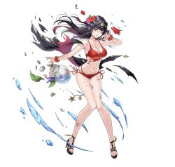 Rule 34 | 1girl, bikini, black hair, blush, breasts, cape, cleavage, fire emblem, fire emblem awakening, full body, long hair, looking at viewer, medium breasts, navel, nintendo, non-web source, official art, simple background, smile, solo, swimsuit, tharja (fire emblem), tiara, two side up, white background