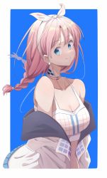 Rule 34 | 1girl, absurdres, arknights, bare shoulders, blue eyes, blue poison (arknights), blue poison (shoal beat) (arknights), braid, breasts, camisole, choker, cleavage, collarbone, commentary request, earrings, hairband, highres, jacket, jewelry, long hair, looking at viewer, medium breasts, midriff, nigakl, off shoulder, official alternate costume, pink choker, pink hair, smile, solo, spaghetti strap, sports bra, twin braids, upper body, white hairband, white jacket