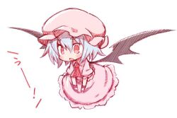 Rule 34 | 1girl, ascot, bat wings, blue hair, blush, chibi, commentary request, hair between eyes, hat, medium hair, mob cap, open mouth, pink hat, pink shirt, pink skirt, puffy short sleeves, puffy sleeves, red ascot, red eyes, red wristband, remilia scarlet, shirt, short sleeves, simple background, skirt, solo, taiga mahoukan, touhou, uu~, white background, wings