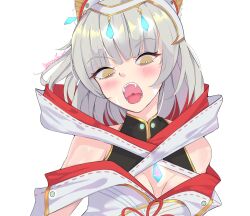 Rule 34 | 1girl, breasts, cleavage, fangs, grey hair, highres, looking at viewer, medium breasts, nia (xenoblade), open mouth, revvie, simple background, solo, white background, xenoblade chronicles (series), xenoblade chronicles 3, yellow eyes