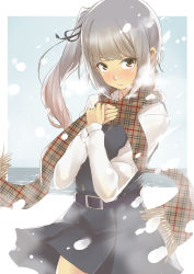 Rule 34 | 10s, 1girl, belt, brown eyes, brown scarf, buttons, day, dress, hair ribbon, hands on own chest, highres, kantai collection, kasumi (kancolle), kasumi kai ni (kancolle), long hair, long sleeves, looking at viewer, neck ribbon, nekotama1987, pinafore dress, plaid, plaid scarf, ribbon, scarf, school uniform, shirt, short sleeves, side ponytail, silver hair, sleeveless, sleeveless dress, snow, snowing, solo, standing, white shirt