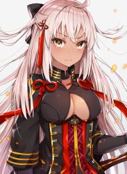 Rule 34 | 1girl, arm guards, black bow, black coat, black cola, blush, bow, breasts, cleavage, cleavage cutout, closed mouth, clothing cutout, coat, commentary request, dark-skinned female, dark skin, dress, fate/grand order, fate (series), grey background, hair between eyes, hair bow, hair ornament, heart, heart-shaped pupils, highres, koha-ace, large breasts, long hair, looking at viewer, okita souji (fate), okita souji alter (fate), open clothes, open coat, red dress, short sleeves, silver hair, simple background, solo, sword, symbol-shaped pupils, tassel, upper body, v-shaped eyebrows, very long hair, weapon