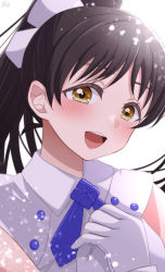 Rule 34 | 1girl, absurdres, black hair, blush, bow, gloves, hair bow, hands up, hazuki ren, highres, long hair, love live!, love live! superstar!!, open mouth, own hands together, ponytail, pukonuu, signature, simple background, smile, solo, teeth, upper body, upper teeth only, white background, white bow, white gloves, wish song, yellow eyes