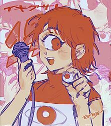 Rule 34 | 1girl, babibu baby, blush, collage background, commentary, copyright name, cyclops, eye print, grey shirt, hands up, highres, holding, holding eyeball, holding microphone, ichigou (ikigusare), ikigusare, looking at viewer, microphone, one-eyed, print shirt, raised eyebrows, recurring image, red eyes, red hair, red shirt, shirt, short hair, signature, sleeveless, sleeveless shirt, smile, solo, turtleneck, two-tone shirt, upper body, zoom layer