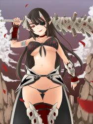 Rule 34 | 1girl, azuki (azki0214dai z), bad id, bad pixiv id, bandeau, bare shoulders, black hair, breasts, club, club (weapon), eyepatch, fangs, front-tie top, highres, horns, large breasts, long hair, looking down, oni, original, petals, red eyes, red thighhighs, smile, solo, spiked club, thigh gap, thighhighs, thong, underboob, weapon, wide hips