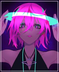 Rule 34 | 1girl, arms up, bare shoulders, black dress, closed mouth, collarbone, commentary, dress, english commentary, glowing, hair between eyes, highres, lam (ramdayo), looking at viewer, original, pink eyes, pink hair, purple background, sleeveless, sleeveless dress, solo, tongue, tongue out, upper body