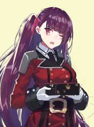 Rule 34 | 1girl, ;o, belt, belt buckle, blush, box, breasts, buckle, commander (girls&#039; frontline), commentary request, cosplay, echj, gift, gift box, girls&#039; frontline, griffin &amp; kryuger, griffin &amp; kryuger military uniform, head tilt, highres, holding, holding gift, long hair, long sleeves, looking at viewer, medium breasts, military, military uniform, necktie, one eye closed, one side up, open mouth, paw print, photoshop (medium), pink eyes, purple hair, simple background, sketch, solo, tsurime, uniform, upper body, very long hair, wa2000 (girls&#039; frontline), yellow background