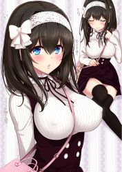 Rule 34 | 10s, 1girl, alternate costume, arms behind back, bag, between breasts, black hair, black thighhighs, blue eyes, blush, breasts, chestnut mouth, choker, closed eyes, commentary request, covered erect nipples, embarrassed, frilled choker, frills, hair between eyes, hairband, highres, idolmaster, idolmaster cinderella girls, jewel (the black canvas), large breasts, long hair, looking at viewer, meme attire, multiple views, parted lips, ribbon, sagisawa fumika, strap between breasts, thighhighs, translation request, virgin killer outfit, white hairband, white ribbon