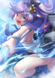 Rule 34 | 1girl, animal hood, ass, azur lane, back, bare legs, bare shoulders, bear hood, black socks, blue sky, boots, bracelet, breasts, camisole, clothes lift, commentary request, cowboy shot, cross hair ornament, crown, detached hood, diffraction spikes, electricity, glint, green eyes, hair ornament, high ponytail, highres, holding, holding javelin, holding polearm, holding weapon, hood, hood down, javelin, javelin (azur lane), jewelry, ken ill, lens flare, looking at viewer, machinery, medium breasts, mini crown, neckerchief, ocean, open mouth, plaid, plaid skirt, polearm, profile, purple footwear, purple hair, purple skirt, rigging, serious, sideboob, sidelocks, skirt, skirt lift, sky, smokestack, socks, solo, standing, standing on one leg, tilted headwear, torpedo, turret, weapon, white camisole, wind, wind lift