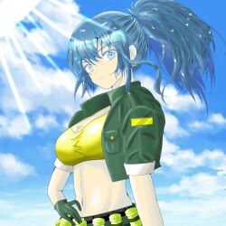 Rule 34 | 1girl, blue eyes, blue hair, breasts, cleavage, gloves, hand on own hip, large breasts, leona heidern, looking at viewer, midriff, military, navel, open clothes, ponytail, shorts, snk, solo, tank top, the king of fighters