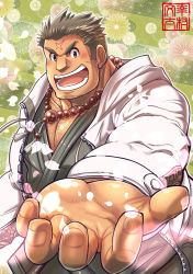 Rule 34 | 1boy, bara, bead necklace, beads, beckoning, black hair, body hair, bunta ru, chest hair, cross scar, dated, facial hair, foreshortening, happy birthday, highres, houzouin oniwaka, jacket, jewelry, large pectorals, long sideburns, looking at viewer, male focus, manly, muscular, muscular male, necklace, open clothes, open jacket, pectorals, petals, scar, scar on face, scar on forehead, sideburns, simple background, solo, stubble, thick eyebrows, tokyo houkago summoners, upper body, white jacket