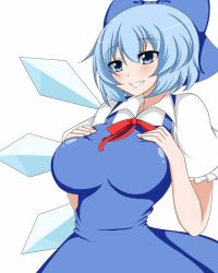 Rule 34 | 1girl, aged up, alternate breast size, blue eyes, blue hair, breasts, cirno, embodiment of scarlet devil, large breasts, matching hair/eyes, simple background, smile, solo, touhou, white background, zefyu