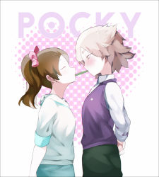 Rule 34 | 10s, 1boy, 1girl, arms behind back, blush, brown hair, closed eyes, food, halftone, heart, height difference, hetero, high ponytail, kodama fumika, kyuubi (youkai watch), long hair, mouth hold, personification, pocky, pocky kiss, shared food, short hair, sweater vest, tateshima, youkai watch