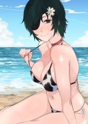 1girl absurdres animal_print beach bikini black_eyes black_hair blue_sky breasts chainsaw_man choker cloud cow_print cow_print_bikini dakaeya day eyepatch flower hair_flower hair_ornament highres himeno_(chainsaw_man) large_breasts navel outdoors print_bikini red_choker sand short_hair sky smile solo swimsuit