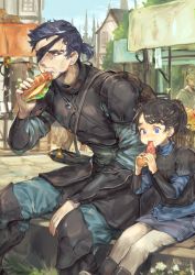 Rule 34 | 1boy, 1girl, armor, bad id, bad pixiv id, black hair, blurry, bracer, breastplate, child, city, depth of field, eating, eyepatch, fantasy, food, jewelry, leather armor, looking to the side, necklace, nightmare-kck, original, outdoors, purple eyes, sandwich, short hair, short ponytail, sitting