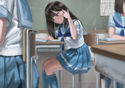 Rule 34 | 3girls, black hair, blue skirt, blue socks, classroom, desk, female focus, itou tatsuya, multiple girls, original, school uniform, serafuku, sitting, skirt, socks