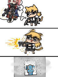 Rule 34 | 2girls, 9x19mm parabellum, :3, afei (sfma3248), afterimage, ar-15, barefoot, black eyes, black neckwear, black shorts, blonde hair, blue jacket, bullet casing, bullet hole, bushman ltd., chibi, chinese commentary, coat, comic, commentary request, dual wielding, emphasis lines, expressionless, firing, girls&#039; frontline, gun, handgun, handgun cartridge, highres, holding, holding gun, holding weapon, holster, idw (girls&#039; frontline), jacket, long hair, looking to the side, machine gun, machine pistol, mask, multiple girls, necktie, open clothes, open jacket, parker-hale, parker-hale idw, parker-hale pdw, personal defense weapon, pink hair, pistol, pistol cartridge, prototype design, red eyes, rheinlander instruments corp., rifle, scope, shell casing, shirt, short sleeves, shorts, sidelocks, simple background, smoke, solid circle eyes, st ar-15 (girls&#039; frontline), standing, target, thigh holster, thought bubble, twintails, v-shaped eyebrows, weapon, white background, white shirt