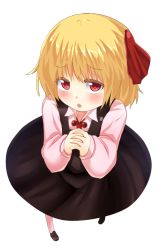 Rule 34 | 1girl, blonde hair, blush, cassandra-0808, cassandra (seishun katsu sando), female focus, from above, full body, hair ribbon, own hands clasped, looking up, open mouth, own hands together, red eyes, ribbon, rumia, solo, touhou, transparent background