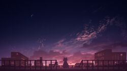 Rule 34 | 1girl, animal, animal ears, chinese commentary, cityscape, cloud, commentary, commentary request, crescent moon, dated, english commentary, highres, mixed-language commentary, moon, night, original, outdoors, rune xiao, scenery, short hair, signature, sitting, sky, sunset