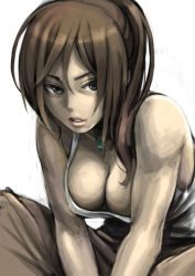 Rule 34 | 1girl, bare shoulders, blue eyes, breasts, brown hair, cleavage, downblouse, jewelry, lara croft, large breasts, lips, long hair, necklace, pixiv tomb raider contest, sitting, solo, tacos (tacoage), tomb raider, tomb raider (reboot), v arms, white background