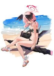 Rule 34 | 1girl, ankle ribbon, artist name, beach, bikini, black bag, black bikini, black bow, black wings, blue archive, bow, breasts, clenched teeth, commentary, deitaku, feathered wings, floral print, front-tie bikini top, front-tie top, full body, gun, hair between eyes, hair bow, hair over shoulder, halo, head wings, highres, koharu (blue archive), koharu (swimsuit) (blue archive), leg ribbon, long hair, low twintails, low wings, ocean, official alternate costume, parted lips, pink eyes, pink hair, pink halo, print bikini, ribbon, sand, sandals, small breasts, solo, strapless, strapless bikini, swimsuit, teeth, twintails, twitter username, weapon, white ribbon, wings