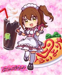 Rule 34 | 1girl, apron, back bow, black footwear, bow, bowtie, brown hair, chupacabra (idolmaster), commentary, dot nose, dress, drink, drinking straw, food, frills, hair between eyes, hair ornament, hairclip, heart, holding, holding notebook, holding pen, idolmaster, idolmaster million live!, idolmaster million live! theater days, kasuga mirai, kowakawa kaeru, light blush, looking at viewer, maid headdress, medium hair, notebook, official alternate costume, omelet, omurice, open mouth, pen, pink background, pink bow, pink bowtie, pink dress, puffy short sleeves, puffy sleeves, shirt, short sleeves, side ponytail, sidelocks, signature, smile, solo, sparkle background, standing, standing on one leg, sticker, teeth, thighhighs, upper teeth only, waist apron, waitress, whipped cream, white apron, white bow, white shirt, white thighhighs, yellow eyes, zettai ryouiki