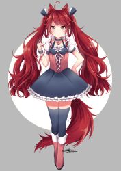 Rule 34 | 1girl, absurdres, ahoge, animal ears, black skirt, black thighhighs, blush, boots, bracelet, chiiririn, closed mouth, collar, collarbone, female focus, frilled skirt, frills, frown, grey eyes, hair ornament, highres, jewelry, long hair, looking at viewer, original, red hair, short sleeves, simple background, skirt, solo, tail, thighhighs, twintails, wolf ears, wolf tail, zettai ryouiki