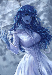Rule 34 | 1girl, :d, blue eyes, blue hair, blue skin, colored skin, commentary, cowboy shot, english commentary, hand up, highres, hood, hood down, long hair, long sleeves, looking at viewer, monster girl, naked raincoat, open mouth, original, rain, raincoat, slime girl, smile, solo, standing, transparent, transparent umbrella, umbrella, zakirsiz
