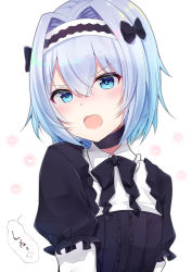 Rule 34 | 10s, 1girl, black bow, black choker, black dress, blue eyes, blush, bow, choker, collared dress, dress, gothic lolita, hair bow, hair intakes, hairband, head tilt, heart, highres, layered sleeves, lolita fashion, long sleeves, looking at viewer, open mouth, puffy short sleeves, puffy sleeves, ryuuou no oshigoto!, shiarisu, short over long sleeves, short sleeves, silver hair, solo, sora ginko, tears, translated, white background