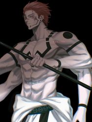 Rule 34 | 1boy, abs, absurdres, arm tattoo, black background, chest tattoo, closed mouth, collarbone, extra arms, extra eyes, extra mouth, extra teeth, facial tattoo, highres, holding, holding polearm, holding weapon, japanese clothes, jujutsu kaisen, kimono, looking at viewer, male focus, marrbl, muscular, muscular male, pectorals, pink hair, polearm, red eyes, ryoumen sukuna (jujutsu kaisen), ryoumen sukuna (true form) (jujutsu kaisen), serious, short hair, shoulder tattoo, solo, tattoo, topless male, veins, weapon, white kimono