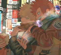 Rule 34 | 2boys, ad, bag, bakugou katsuki, blonde hair, boku no hero academia, bomber jacket, breath, cellphone, city lights, cityscape, eating, food, food on face, highres, holding, holding phone, jacket, kirishima eijirou, leather, leather jacket, logo, looking at phone, male focus, multiple boys, neon lights, open mouth, outdoors, phone, pointing, red eyes, red hair, scarf, screen light, sharp teeth, shopping bag, short hair, spiked hair, steam, talking, teeth, uraura ura-chan, winter clothes