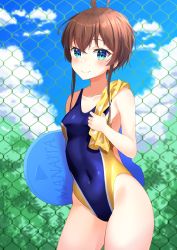 Rule 34 | 1girl, absurdres, ahoge, alternate hair length, alternate hairstyle, blue eyes, blue sky, blue one-piece swimsuit, breasts, brown hair, bush, chain-link fence, cloud, collarbone, commentary request, competition swimsuit, covered navel, cowboy shot, fence, highres, hololive, kickboard, looking at viewer, natsuiro matsuri, one-piece swimsuit, short hair, short hair with long locks, sky, small breasts, smile, solo, standing, starkamisan, swimsuit, virtual youtuber, yellow towel
