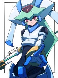 Rule 34 | 1girl, a d n p, android, armor, artist request, expressionless, green hair, highres, joints, long hair, looking at viewer, mechanical arms, mega man (series), mega man zx, pandora (mega man), red eyes, robot, robot girl, robot joints, staff, tagme, witch